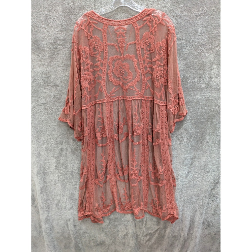 Boho Embroidered Mesh Kimono Cardigan Women One Size Terracotta Rose Festival - Picture 6 of 7
